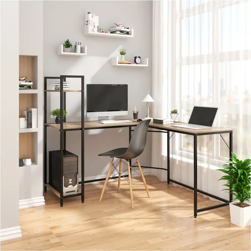 BukkitBow - Bureau d'Angle avec Compartiments de Rangement - Aggloméré et Tubes d'Acier - Chêne Clair et Noir - 138x50cm e...