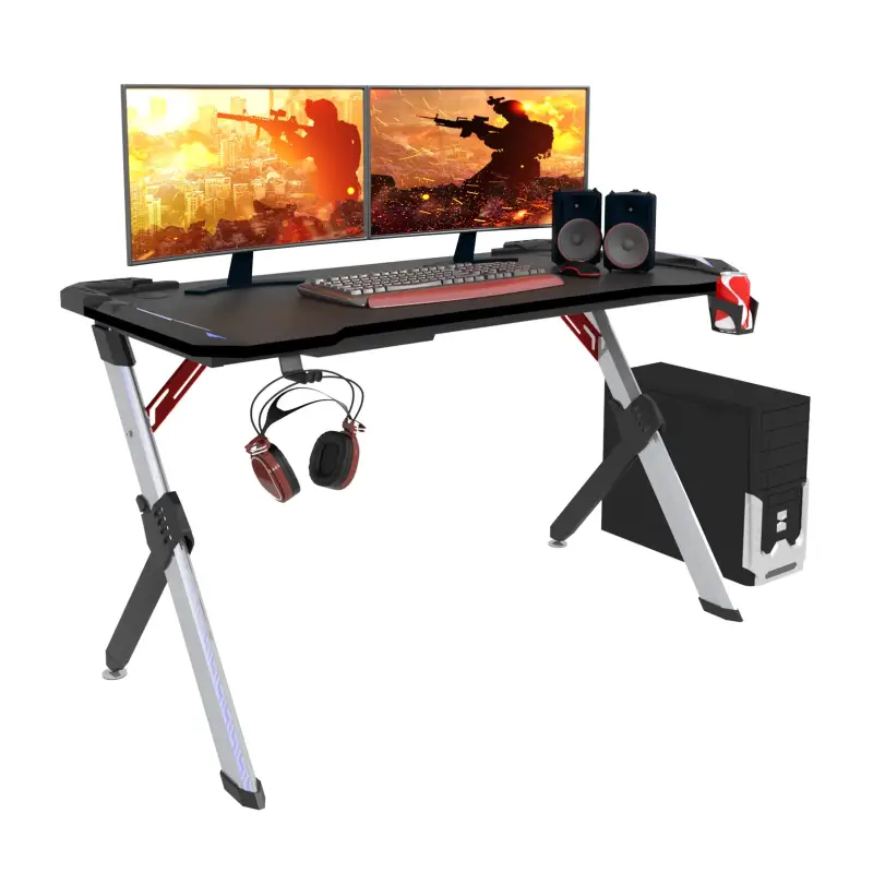 BukkitBow - Bureau de jeu avec porte-gobelet et support pour casque - avec éclairage RVB - 116,5x56,5x73 cm