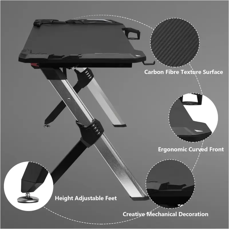 BukkitBow - Bureau de jeu avec porte-gobelet et support pour casque - avec éclairage RVB - 116,5x56,5x73 cm