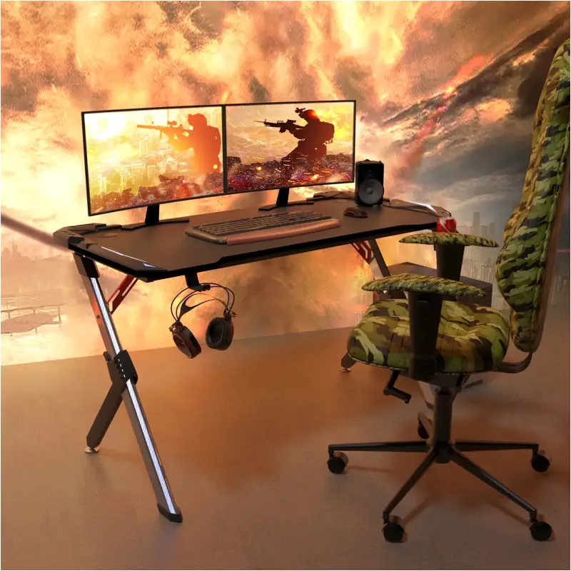 BukkitBow - Bureau de jeu avec porte-gobelet et support pour casque - avec éclairage RVB - 116,5x56,5x73 cm