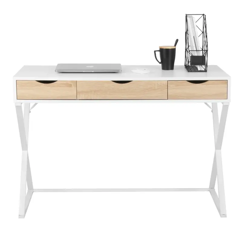 BukkitBow – Bureau moderne avec tiroirs – Bois et métal – 110 x 50 cm – Robuste et spacieux – Blanc