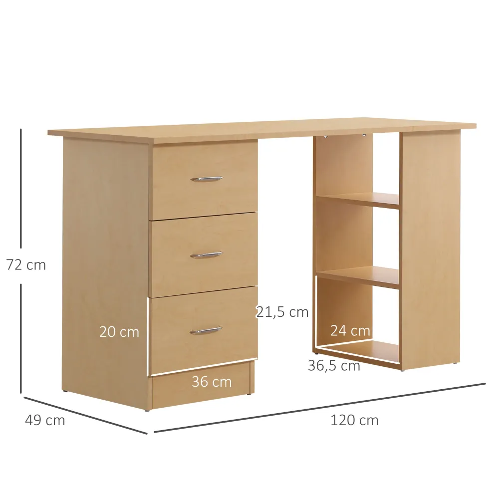 Bureau avec rangement, table informatique 120 x 50 cm, bureau d'ordinateur avec étagères et tiroirs, pour petits espaces,...