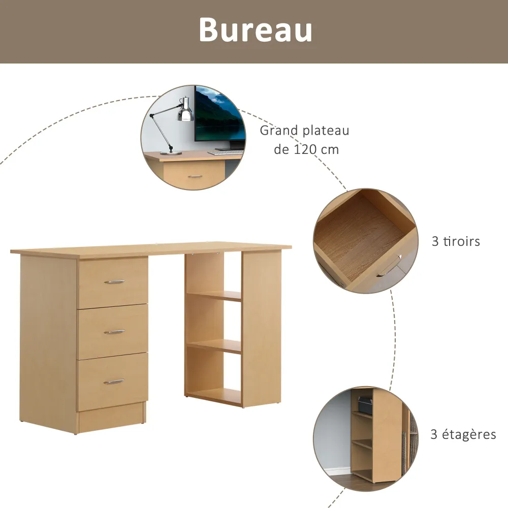 Bureau avec rangement, table informatique 120 x 50 cm, bureau d'ordinateur avec étagères et tiroirs, pour petits espaces,...