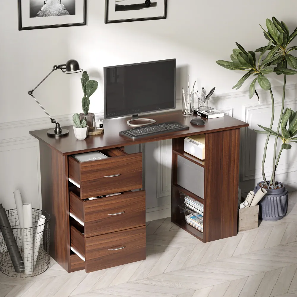 Bureau avec rangement, table informatique 120 x 50 cm, bureau d'ordinateur avec étagères et tiroirs, pour petits espaces,...