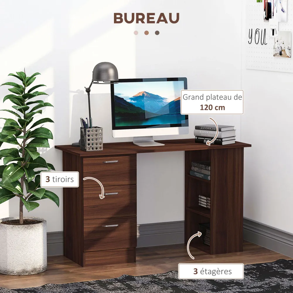 Bureau avec rangement, table informatique 120 x 50 cm, bureau d'ordinateur avec étagères et tiroirs, pour petits espaces,...