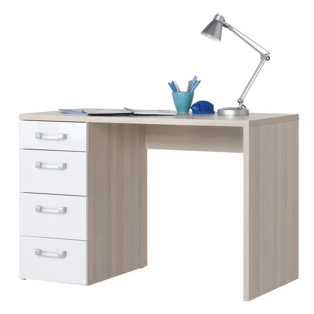 Bureau avec tiroirs en chêne et laqué blanc pour bureau ou petite pièce 110 cm pour PC