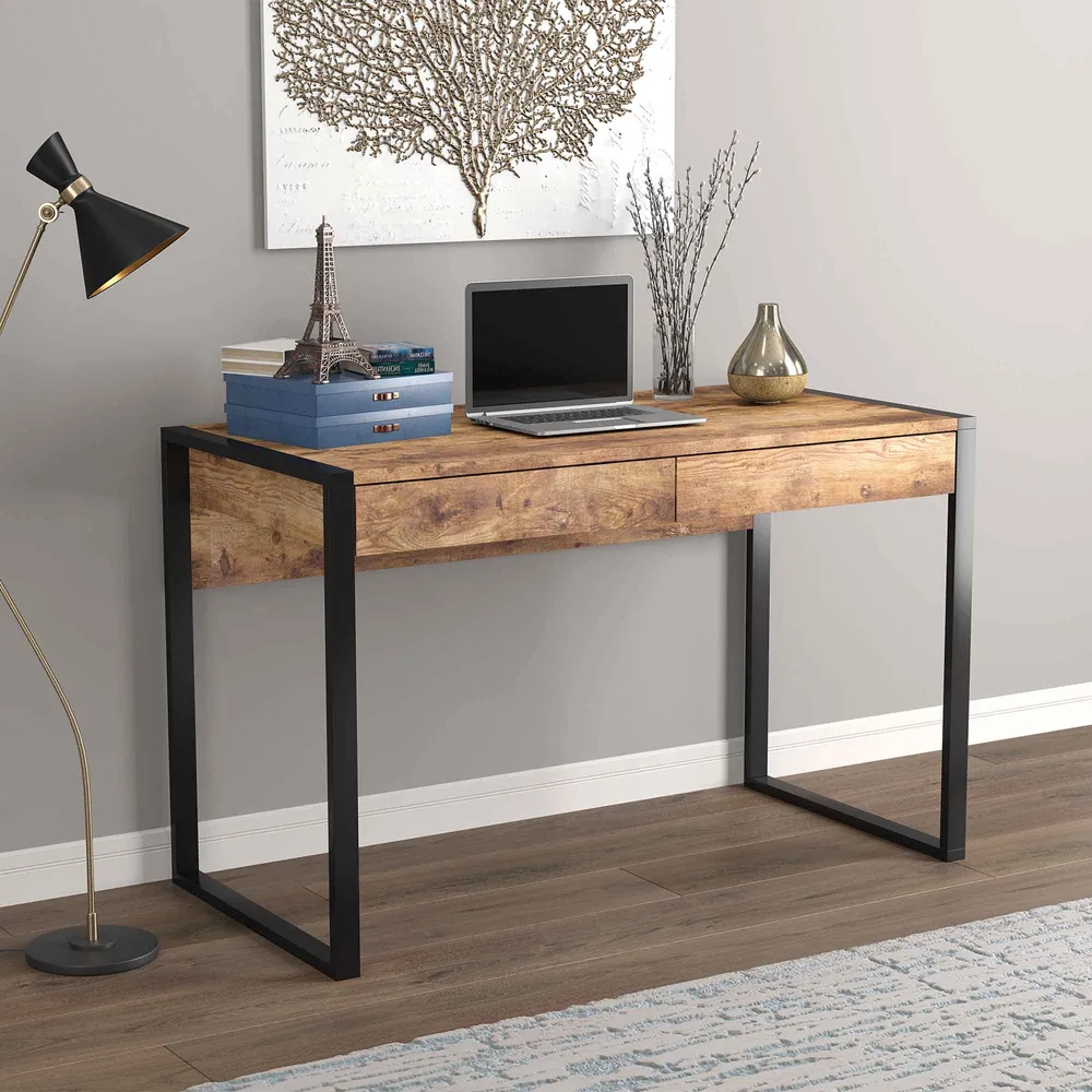 Bureau en bois brun récupéré avec structure en métal noir à 2 tiroirs, 47" x 23" x 30"
