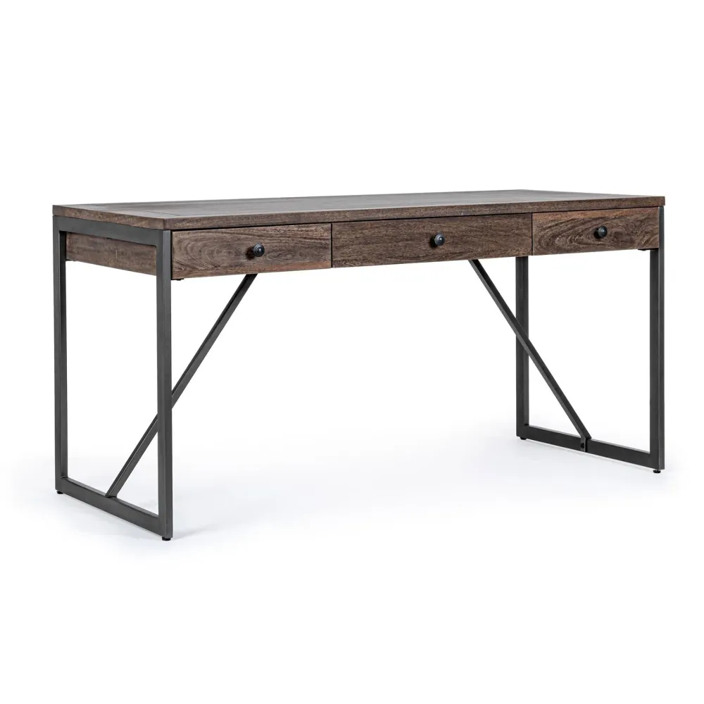 Bureau "Calixte" à 3 tiroirs, structure en manguier et acier, style industriel, 153x66x75,8h