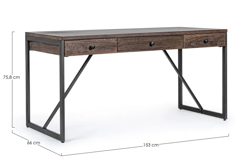 Bureau "Calixte" à 3 tiroirs, structure en manguier et acier, style industriel, 153x66x75,8h