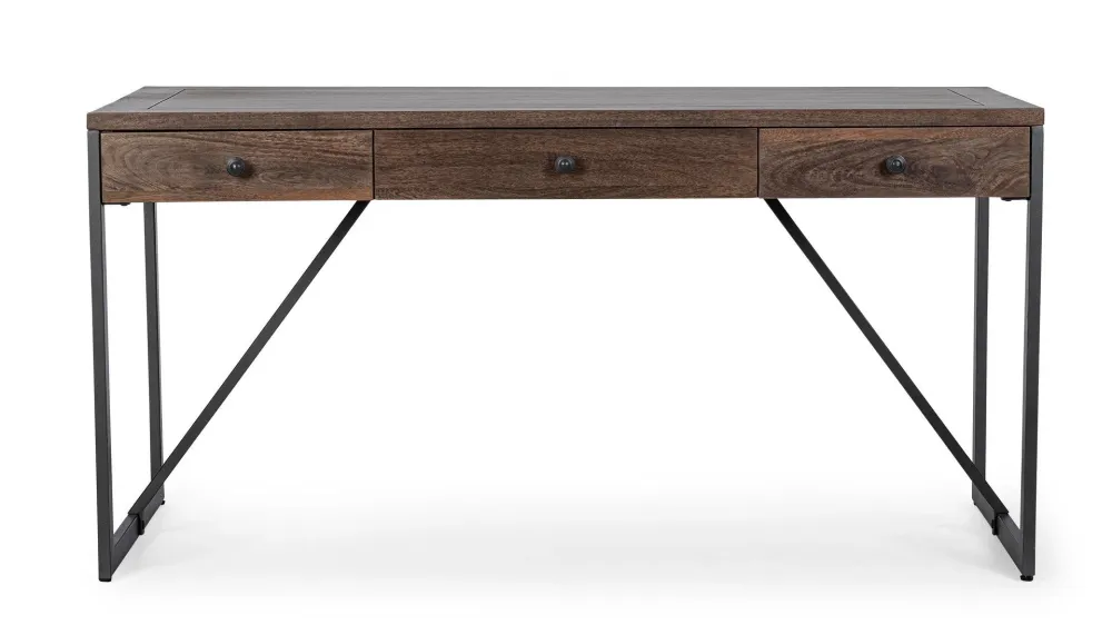 Bureau "Calixte" à 3 tiroirs, structure en manguier et acier, style industriel, 153x66x75,8h