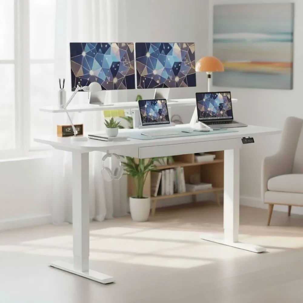 Bureau Assis-Debout Électrique avec Support Moniteur et Rangements Intégrés Bureau Cosy