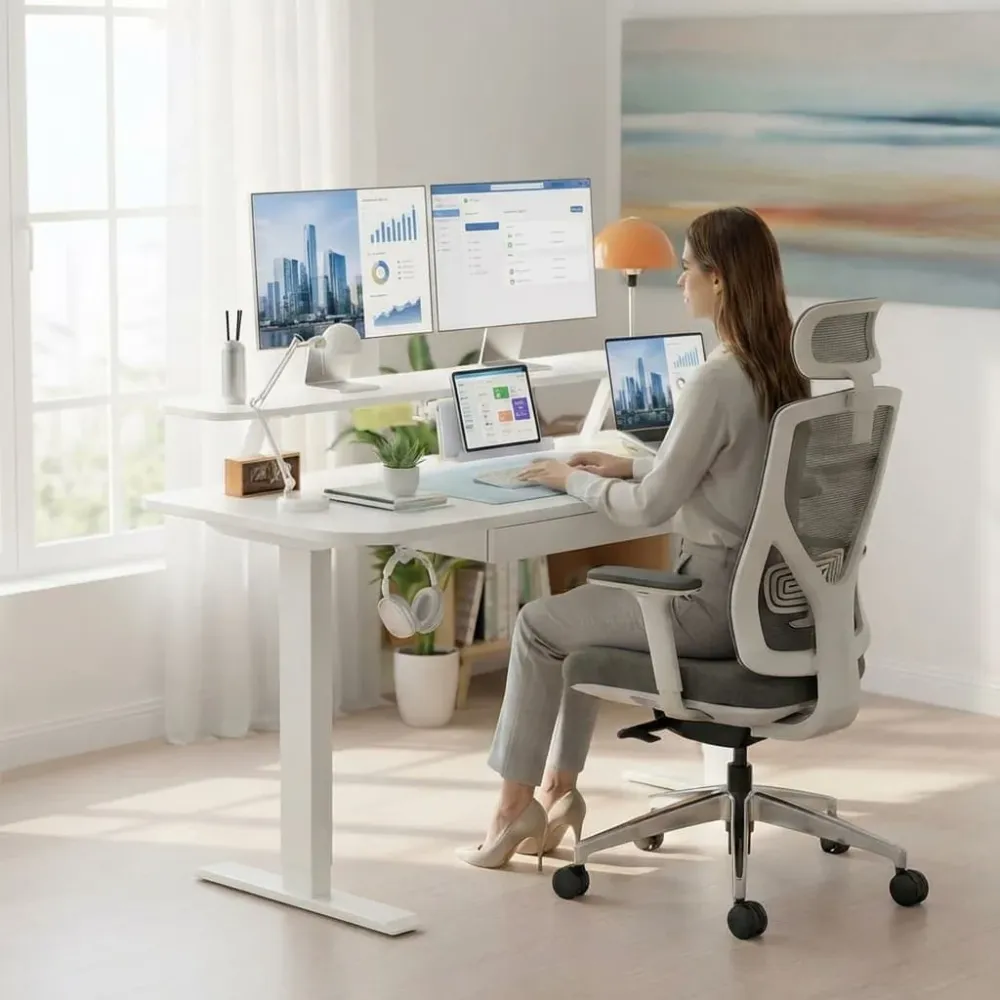 Bureau Assis-Debout Électrique avec Support Moniteur et Rangements Intégrés Bureau Cosy