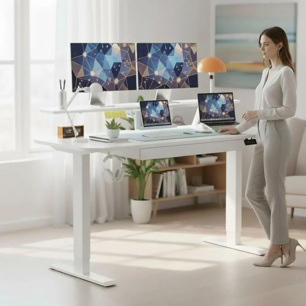 Bureau Assis-Debout Électrique avec Support Moniteur et Rangements Intégrés Bureau Cosy