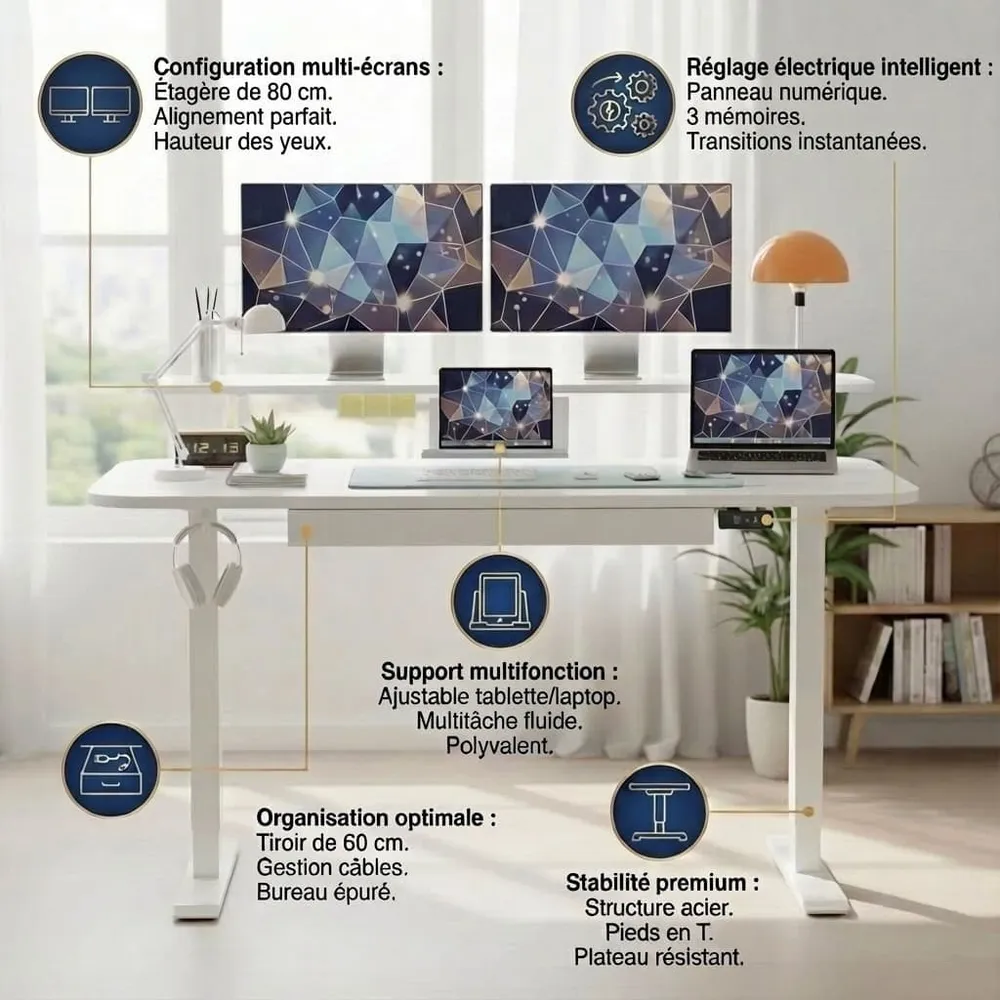 Bureau Assis-Debout Électrique avec Support Moniteur et Rangements Intégrés Bureau Cosy