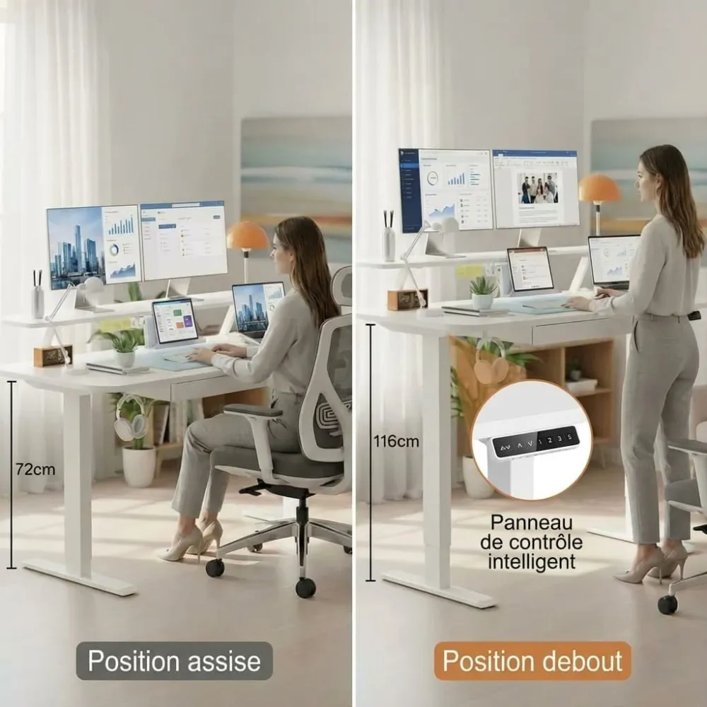Bureau Assis-Debout Électrique avec Support Moniteur et Rangements Intégrés Bureau Cosy