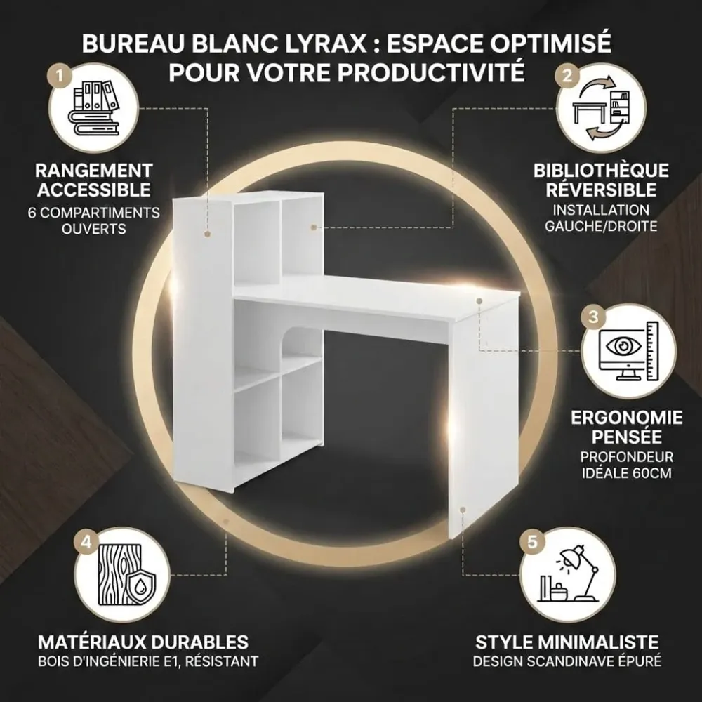 Bureau Blanc LYRAX 120x60 : Espace optimisé - Bibliothèque réversible Bureau Cosy