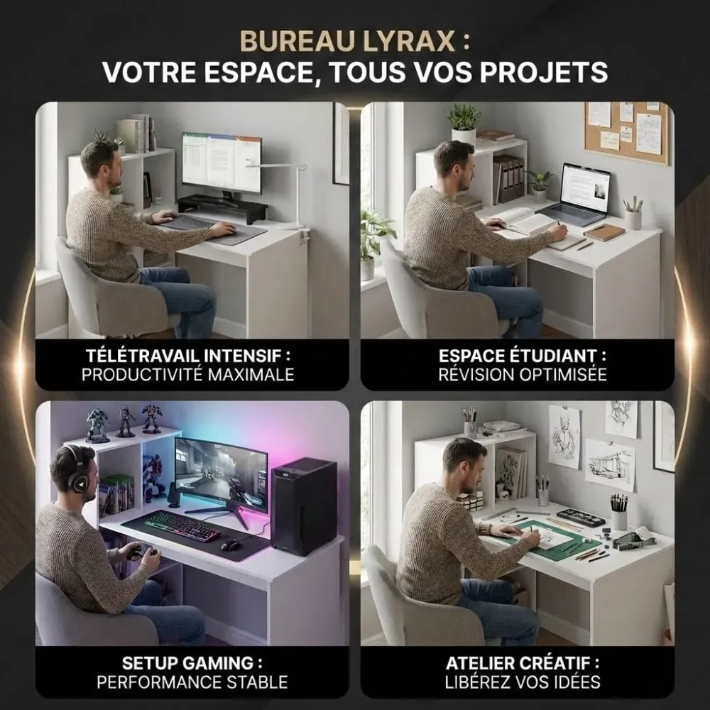 Bureau Blanc LYRAX 120x60 : Espace optimisé - Bibliothèque réversible Bureau Cosy
