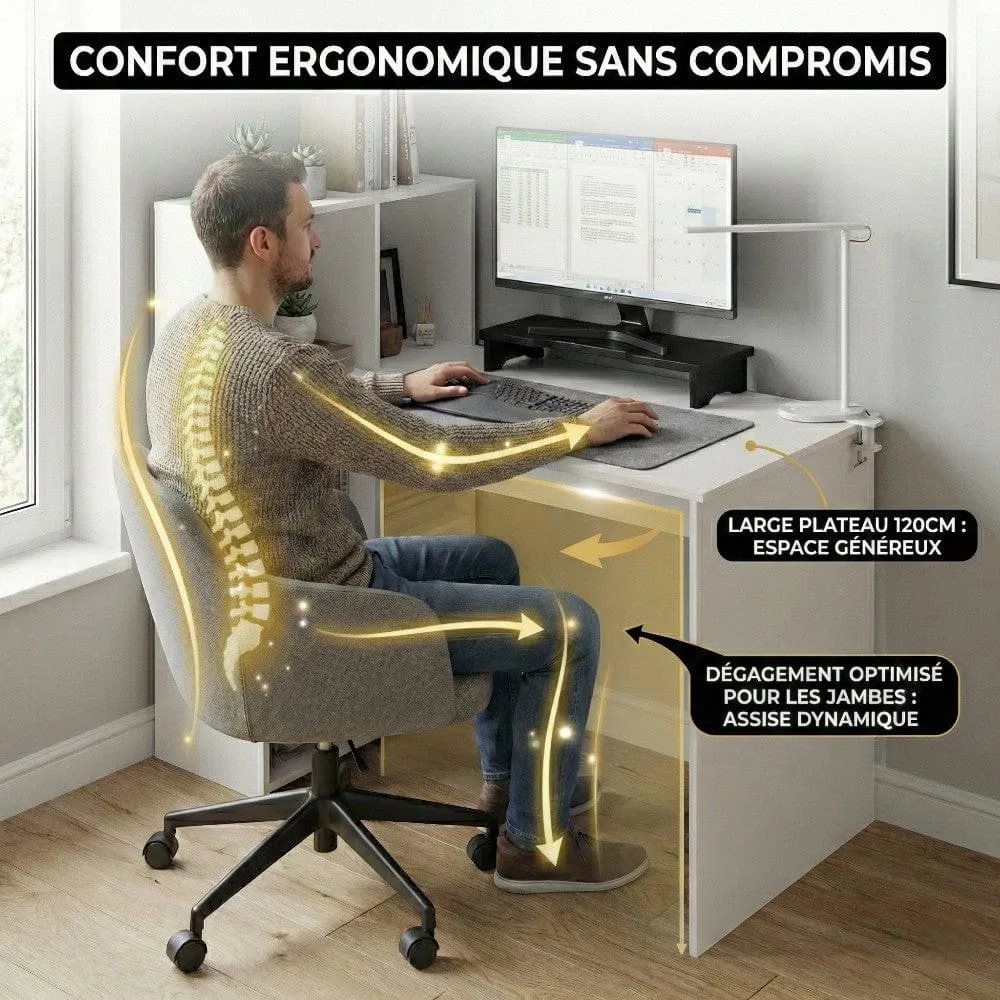 Bureau Blanc LYRAX 120x60 : Espace optimisé - Bibliothèque réversible Bureau Cosy