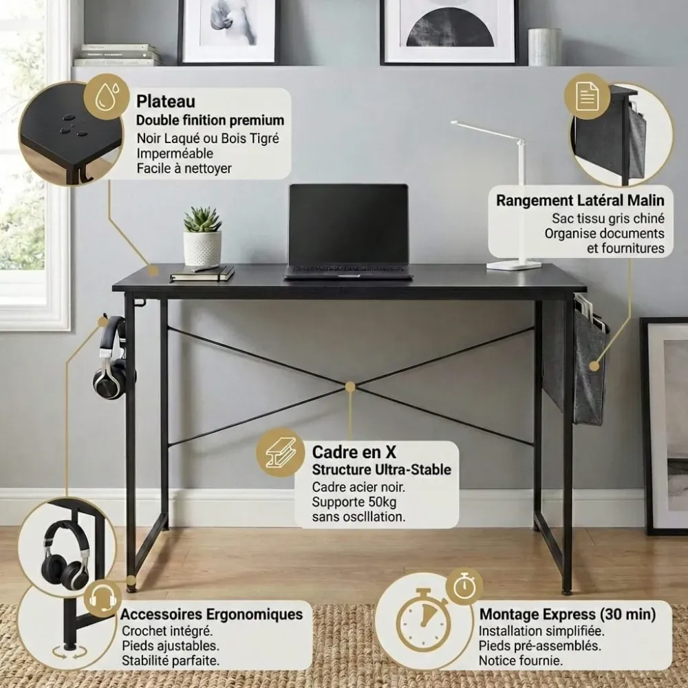 Bureau Bois MDF Compact avec Rangement - 100cm/120cm Bureau Cosy