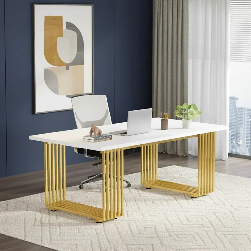 Bureau Bois Moderne 180cm avec Piètement Doré - Station de Travail Exécutive Bureau Cosy
