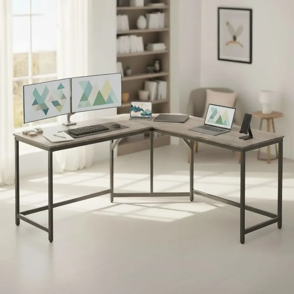 Bureau d'Angle en L 149x149 cm - Station de Travail Gain d'Espace pour Home Office Bureau Cosy