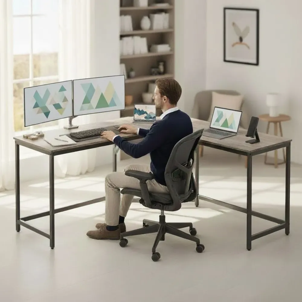 Bureau d'Angle en L 149x149 cm - Station de Travail Gain d'Espace pour Home Office Bureau Cosy