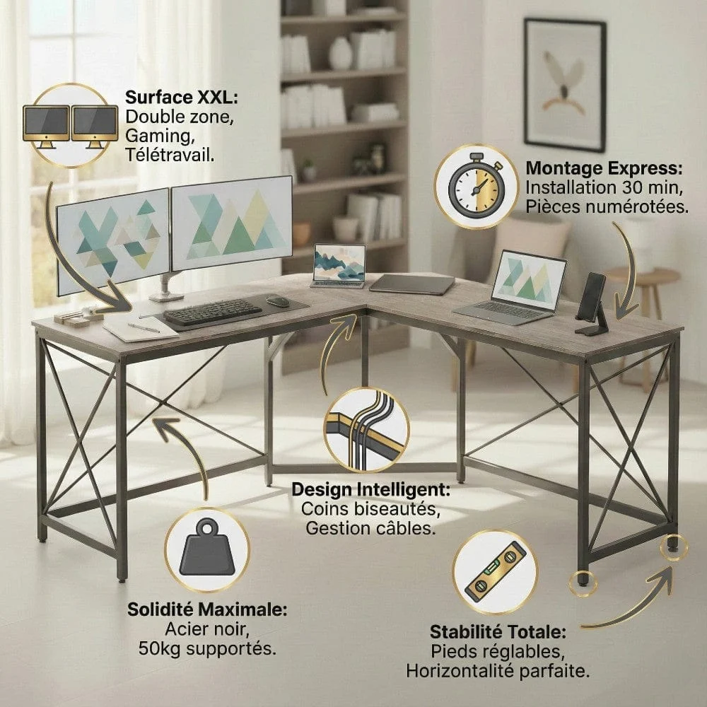 Bureau d'Angle en L 149x149 cm - Station de Travail Gain d'Espace pour Home Office Bureau Cosy