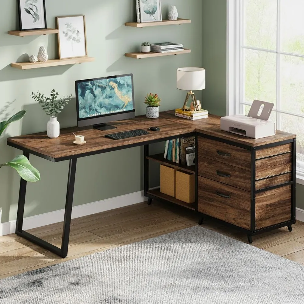 Bureau d'Angle en L avec 3 Tiroirs et Étagères - Station de Travail Industrielle 135 cm Bureau Cosy