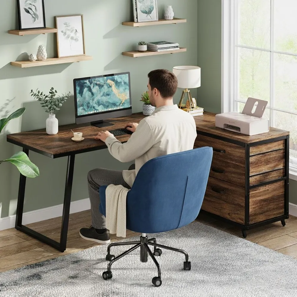 Bureau d'Angle en L avec 3 Tiroirs et Étagères - Station de Travail Industrielle 135 cm Bureau Cosy