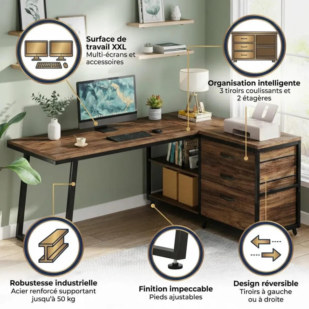 Bureau d'Angle en L avec 3 Tiroirs et Étagères - Station de Travail Industrielle 135 cm Bureau Cosy