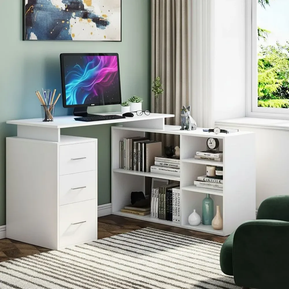 Bureau d'Angle Blanc avec Rangements - Configuration en L pour Télétravail et Home Office Bureau Cosy