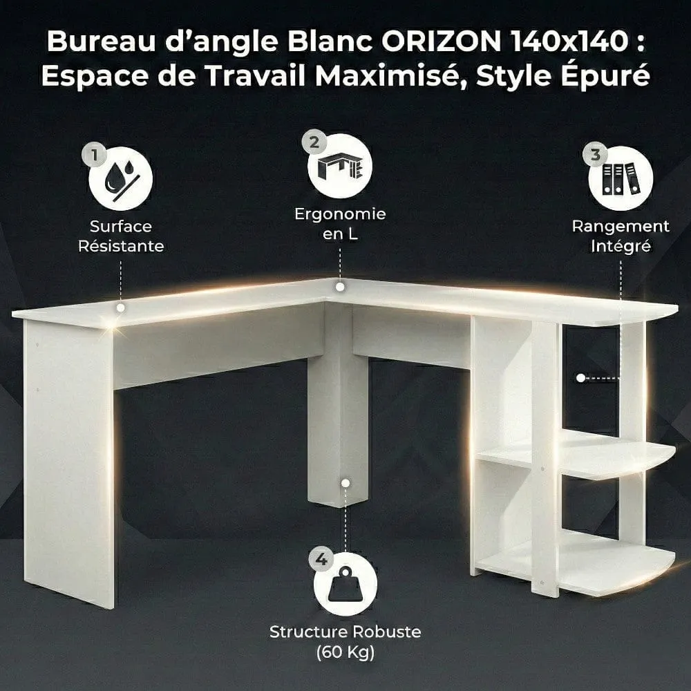 Bureau d'angle Blanc ORIZON 140x140 : Espace optimisé - Style épuré Bureau Cosy