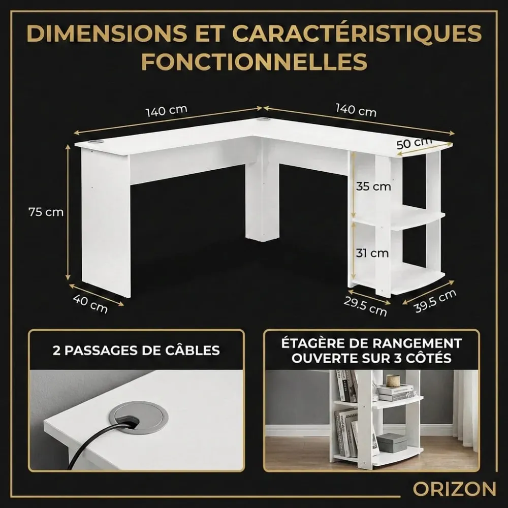 Bureau d'angle Blanc ORIZON 140x140 : Espace optimisé - Style épuré Bureau Cosy