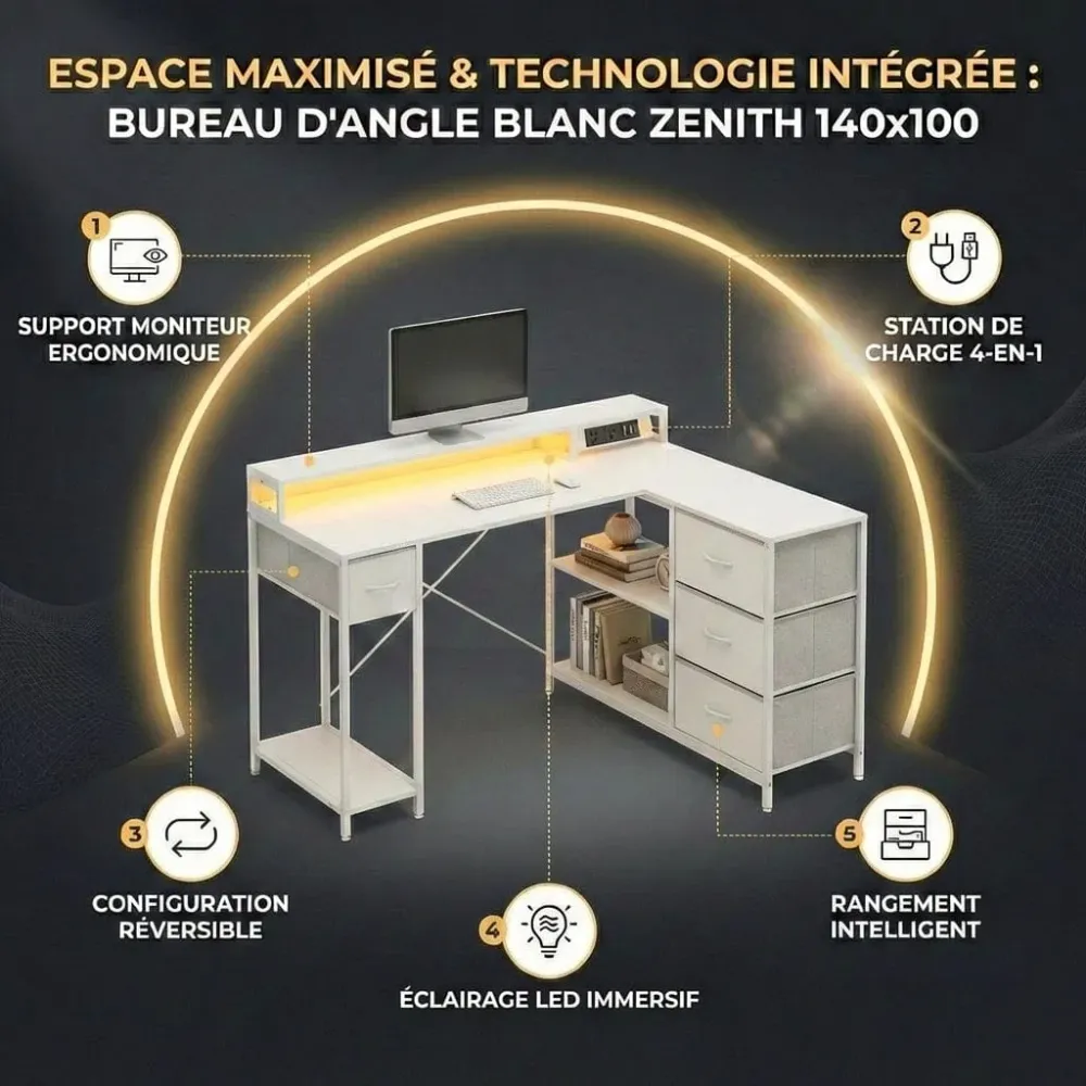 Bureau d'angle blanc ZENITH 140x100 : Espace Max - LED & Charge Intégrée Bureau Cosy
