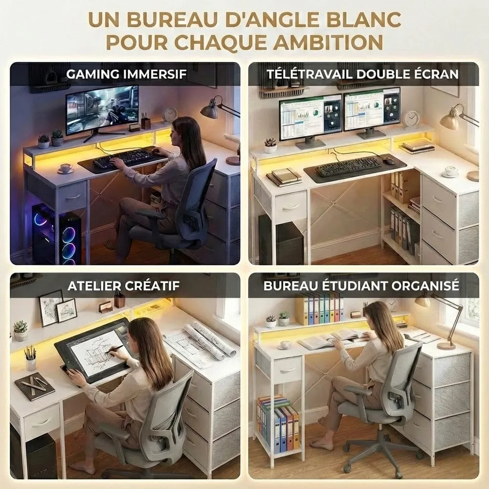 Bureau d'angle blanc ZENITH 140x100 : Espace Max - LED & Charge Intégrée Bureau Cosy