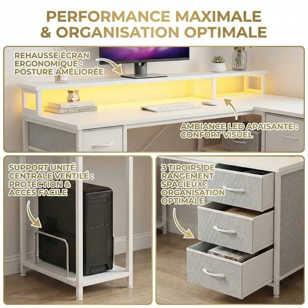 Bureau d'angle blanc ZENITH 140x100 : Espace Max - LED & Charge Intégrée Bureau Cosy