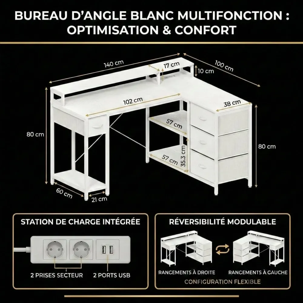 Bureau d'angle blanc ZENITH 140x100 : Espace Max - LED & Charge Intégrée Bureau Cosy