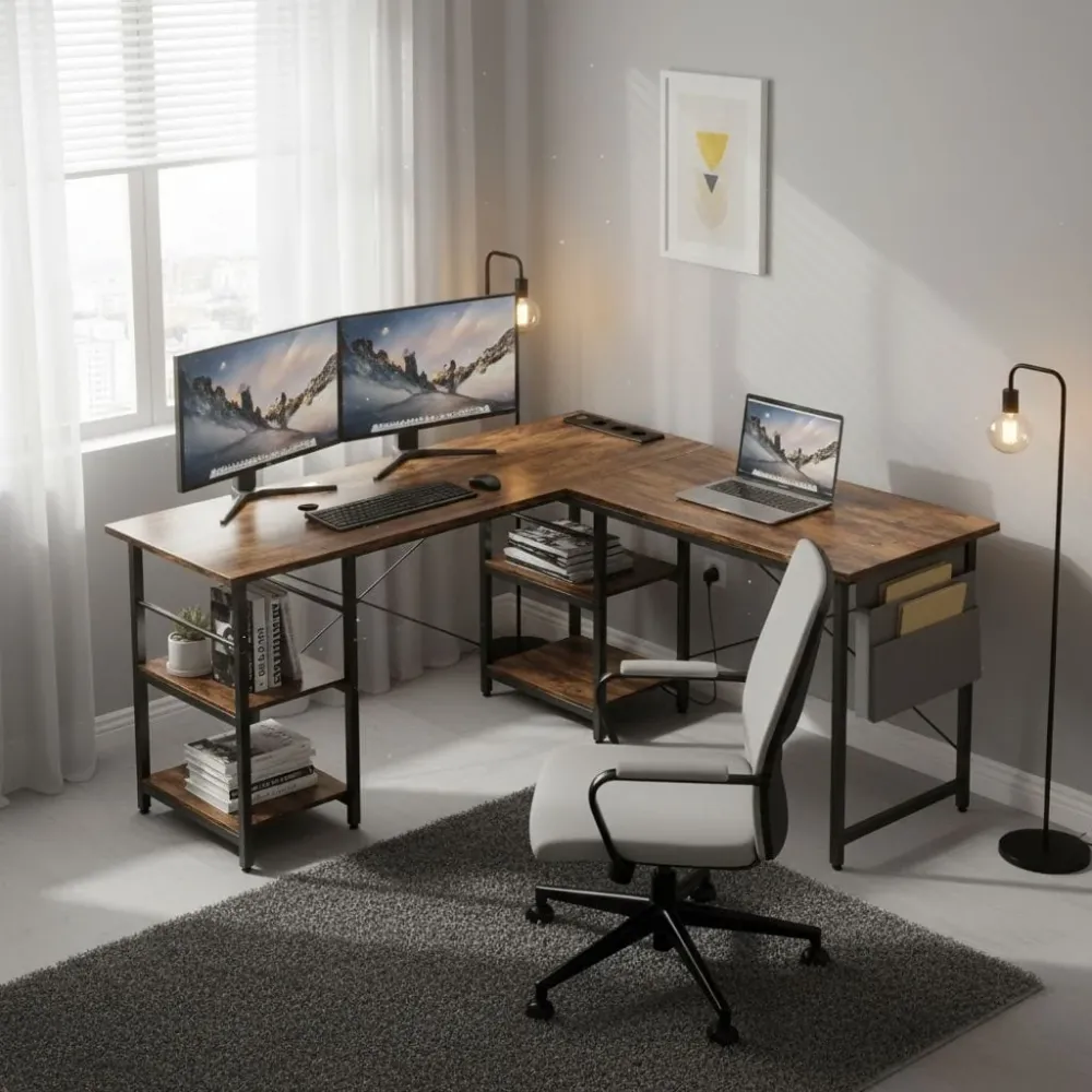 Bureau d'Angle Industriel 140/230 cm avec Rangements et Hub Électrique Intégré Bureau Cosy