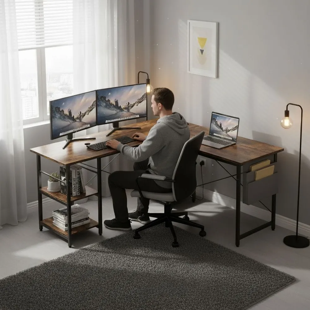 Bureau d'Angle Industriel 140/230 cm avec Rangements et Hub Électrique Intégré Bureau Cosy