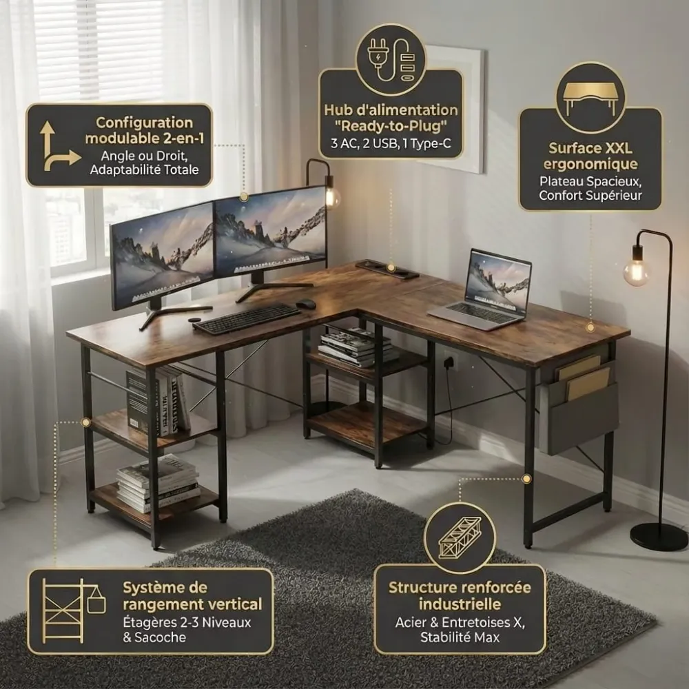 Bureau d'Angle Industriel 140/230 cm avec Rangements et Hub Électrique Intégré Bureau Cosy