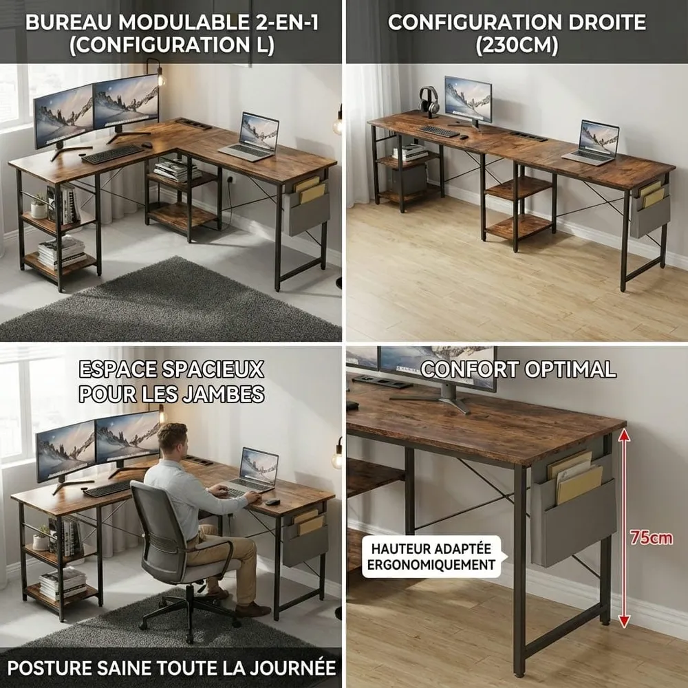 Bureau d'Angle Industriel 140/230 cm avec Rangements et Hub Électrique Intégré Bureau Cosy