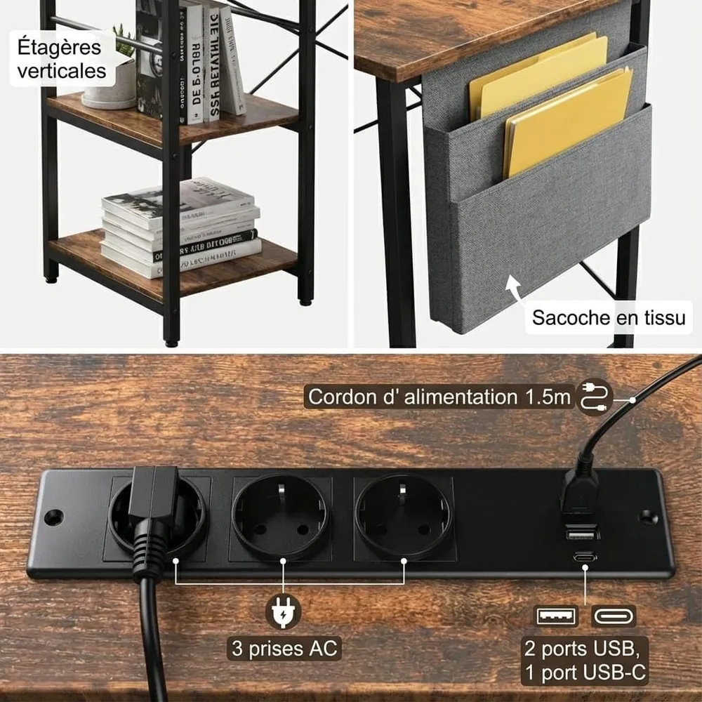Bureau d'Angle Industriel 140/230 cm avec Rangements et Hub Électrique Intégré Bureau Cosy