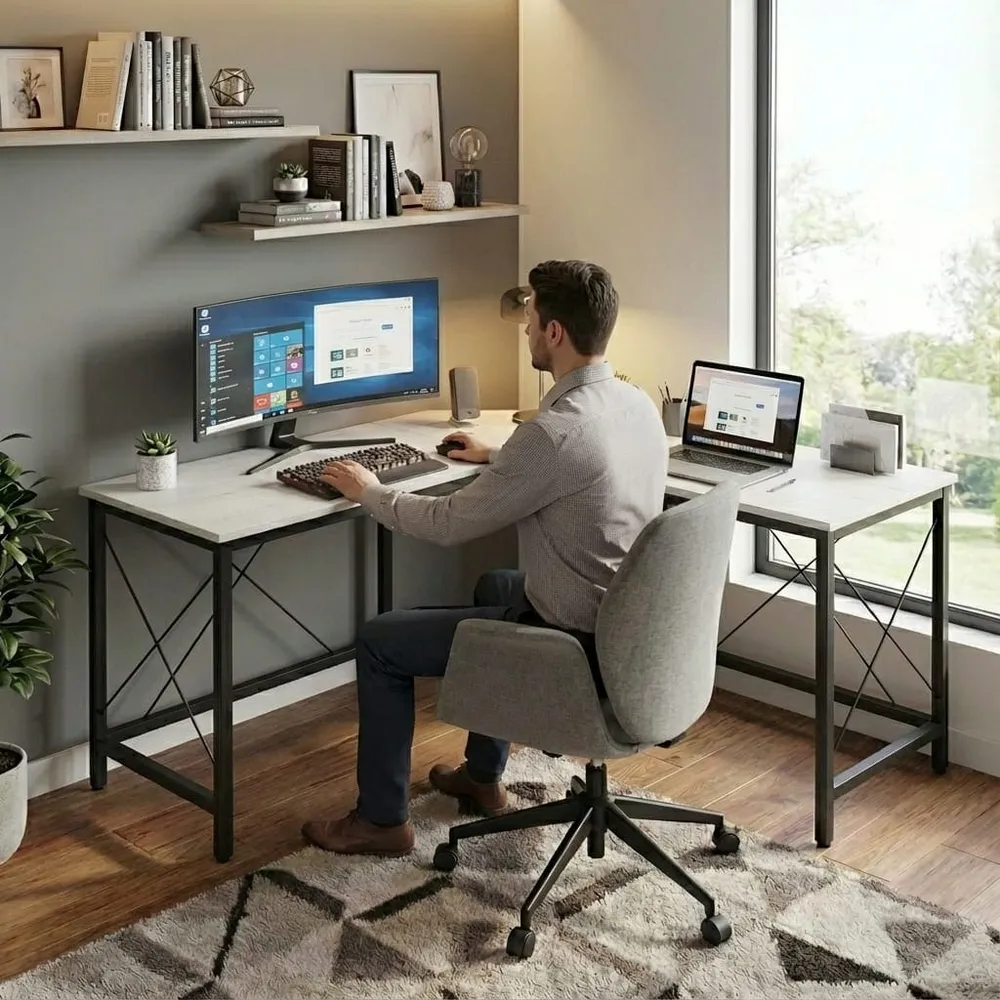 Bureau d'Angle XXL 150x150 cm | Station Pro Ultra-Stable Finition Bois Blanc Bureau Cosy