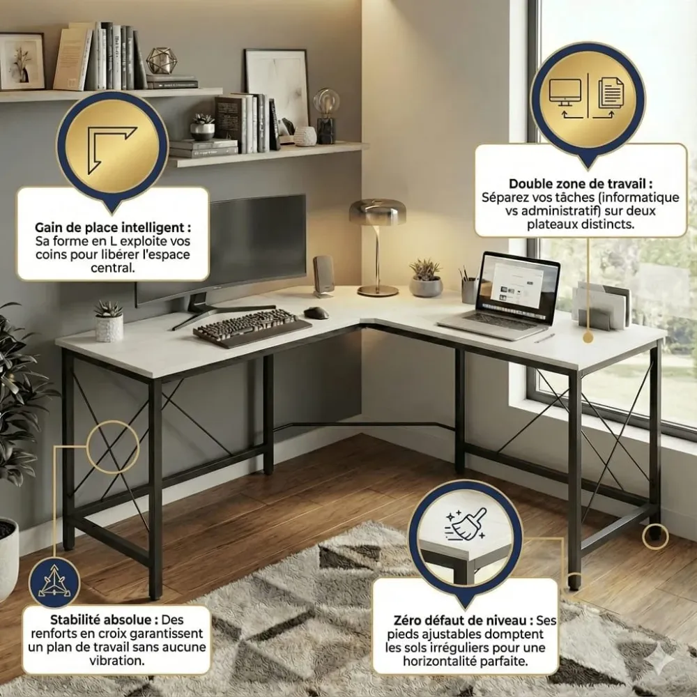 Bureau d'Angle XXL 150x150 cm | Station Pro Ultra-Stable Finition Bois Blanc Bureau Cosy