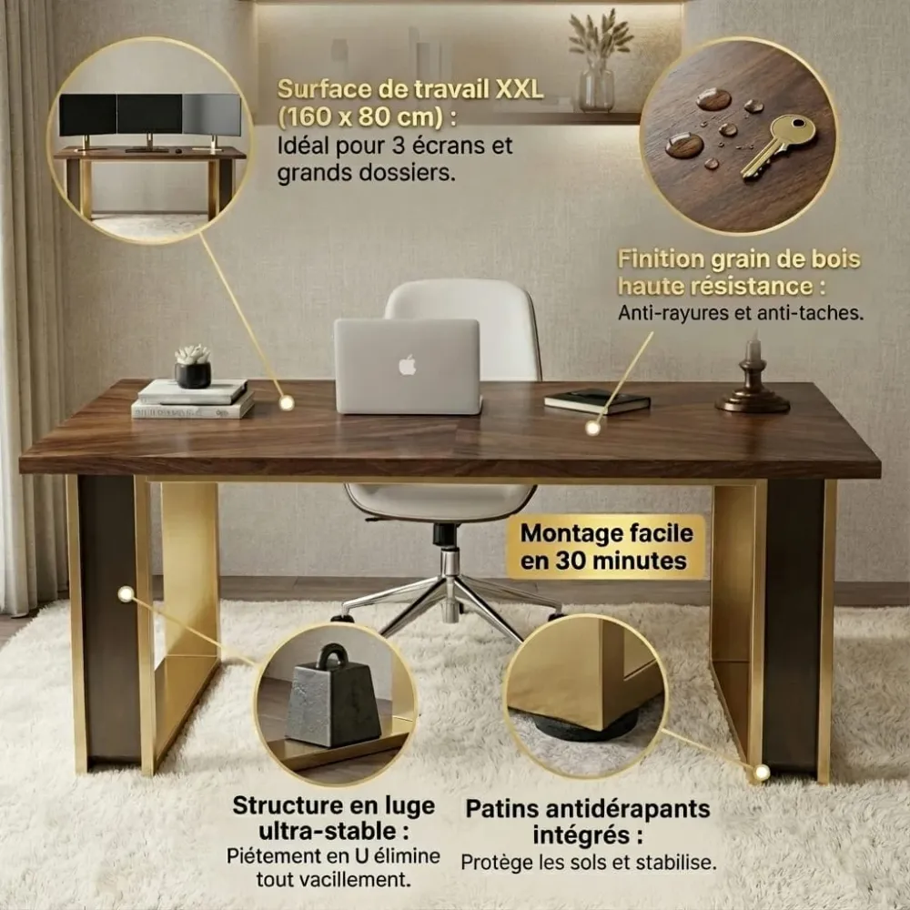 Bureau Design en Bois Massif 160 cm – Station de Travail Premium & Structure Luge Ultra-Stable Bureau Cosy