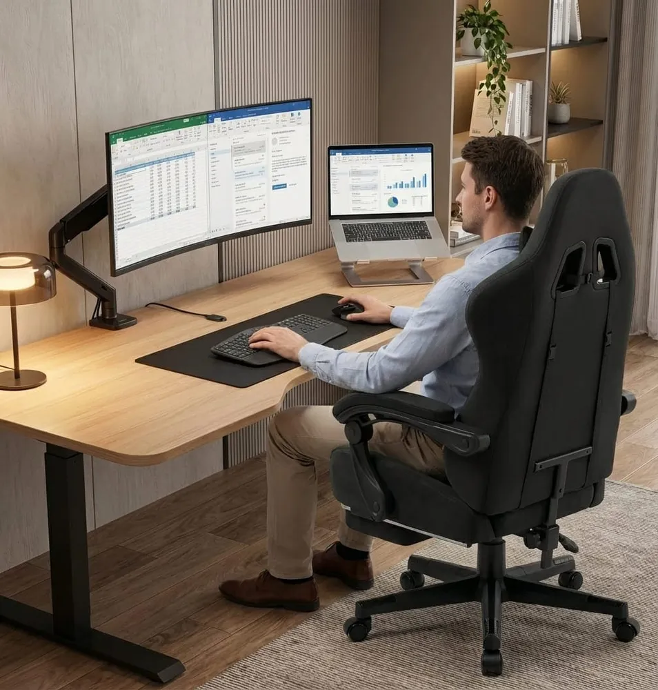 Chaise de Bureau Ergonomique Premium – Assise "Confort Canapé" en Tissu Suédé Respirant & Repose-Pieds Rétractable Bureau...
