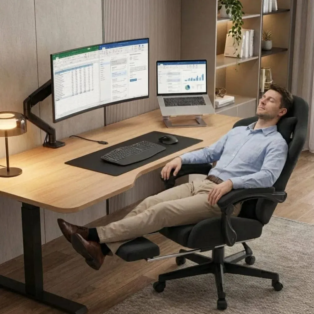 Chaise de Bureau Ergonomique Premium – Assise "Confort Canapé" en Tissu Suédé Respirant & Repose-Pieds Rétractable Bureau...