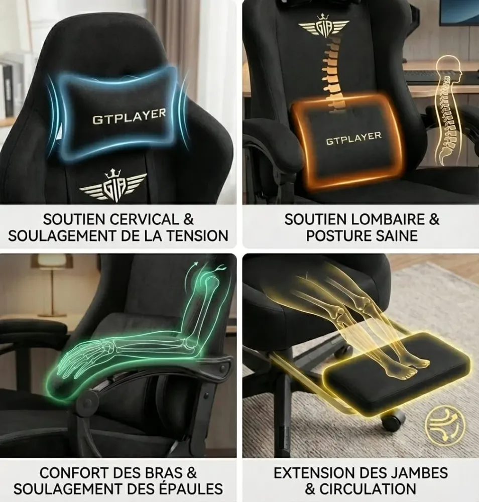Chaise de Bureau Ergonomique Premium – Assise "Confort Canapé" en Tissu Suédé Respirant & Repose-Pieds Rétractable Bureau...