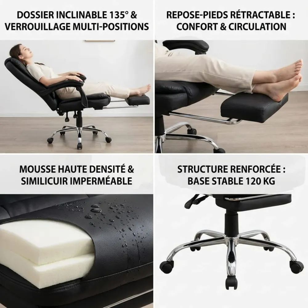 Fauteuil de Bureau Ergonomique avec Repose-Pieds Rétractable - Dossier Inclinable 135° Bureau Cosy