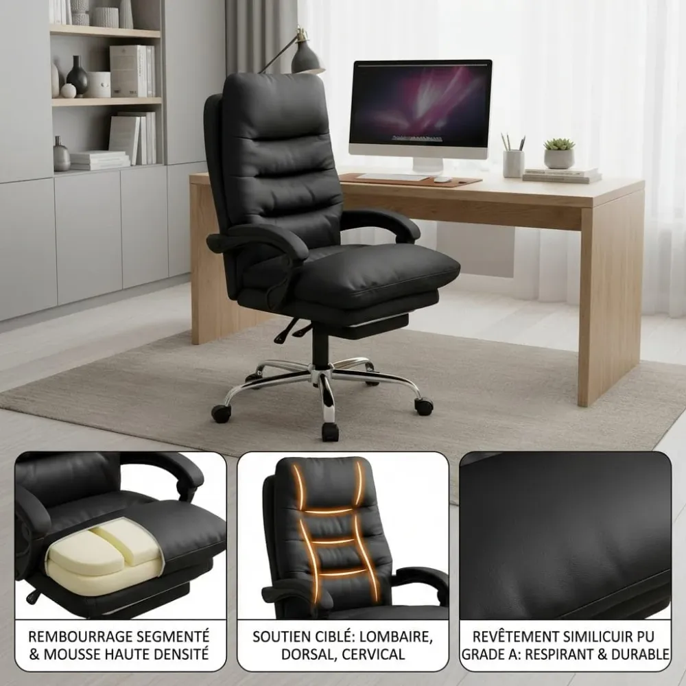 Fauteuil de Bureau Ergonomique avec Repose-Pieds Rétractable - Dossier Inclinable 135° Bureau Cosy